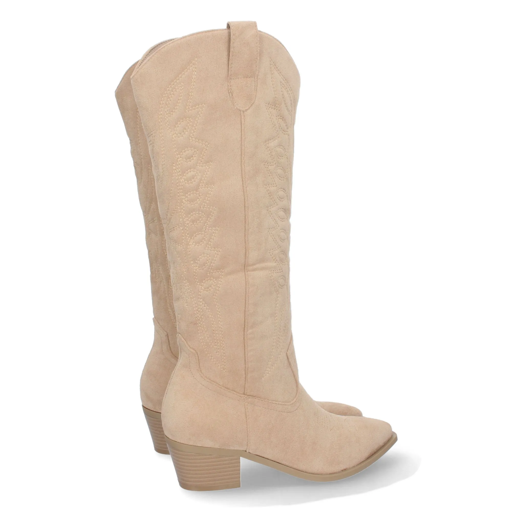 Botas altas cowboy tacon bajo con grabado mujer color taupe